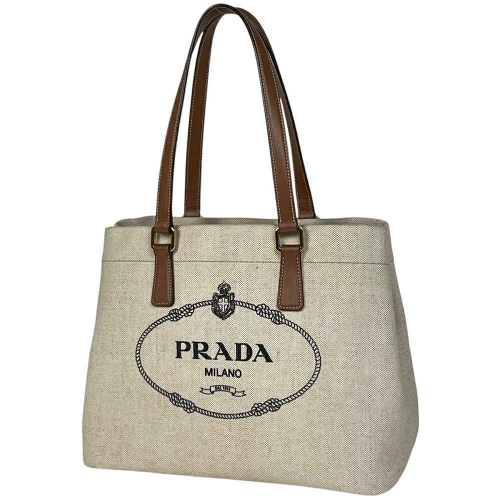 Prada Logo Tote Bag Handbag Canvas Brown
